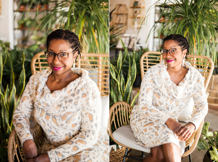 two images. a professional woman sits in a wicker chair and smiles at a plant shop in Oklahoma City Oklahoma