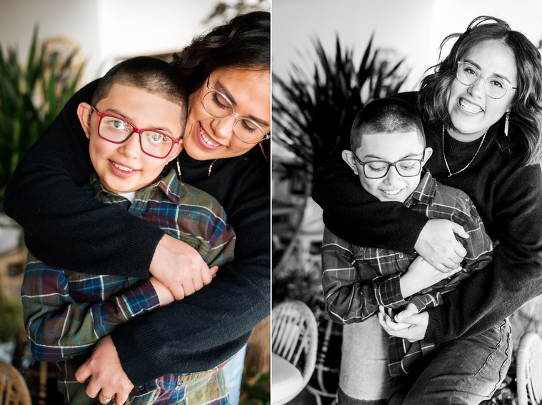 two images  of a mom and son hugging each other and smiling at a plant shop in Oklahoma City Oklahoma, one in black and white