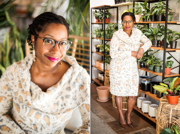 two images. a professional woman stands with her arm on a shelf of plants for sale. headshot portrait with a closed lip smile in front of plants at a plant shop in Oklahoma City Oklahoma