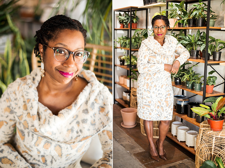 two images. a professional woman stands with her arm on a shelf of plants for sale. headshot portrait with a closed lip smile in front of plants at a plant shop in Oklahoma City Oklahoma