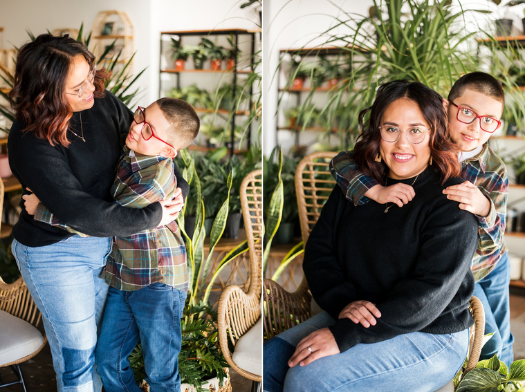 two images of a mom and son hugging each other and smiling and laughing at a plant shop in Oklahoma City Oklahoma
