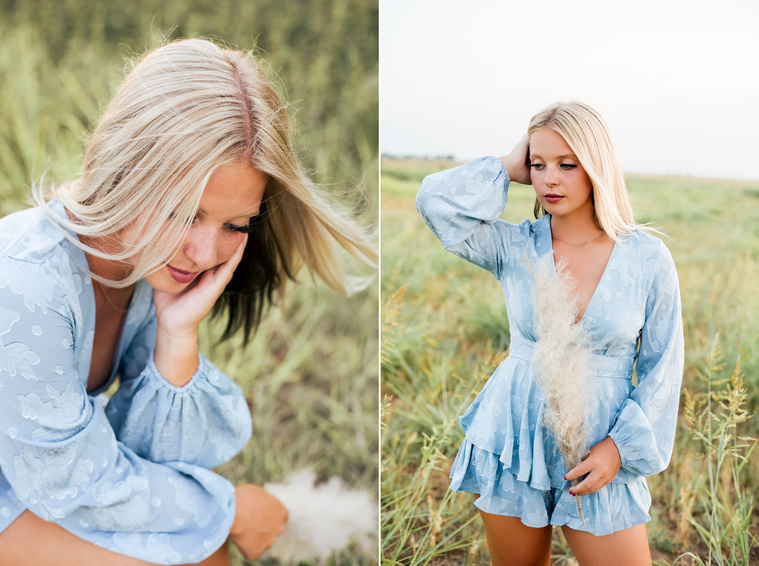 Two images of a High school senior girl posing with pampas grass in a blue dress in a field in central Oklahoma for her senior photos