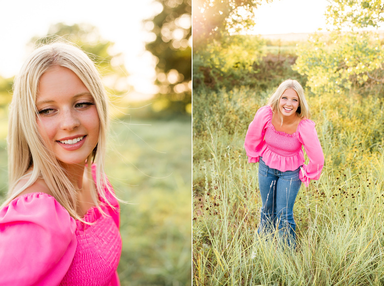 Two images of a High school senior girl smiling in a field in central Oklahoma for her senior photos