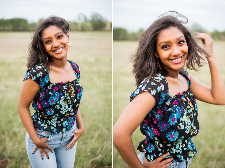 Senior girl poses in a grassy field in Oklahoma for a country photo session