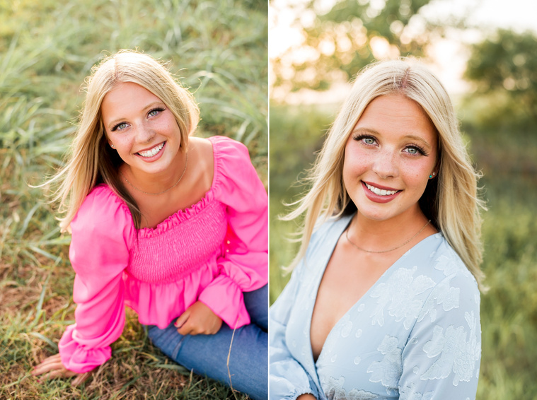 Two images of a High school senior girl smiling in a field in central Oklahoma for her senior photos