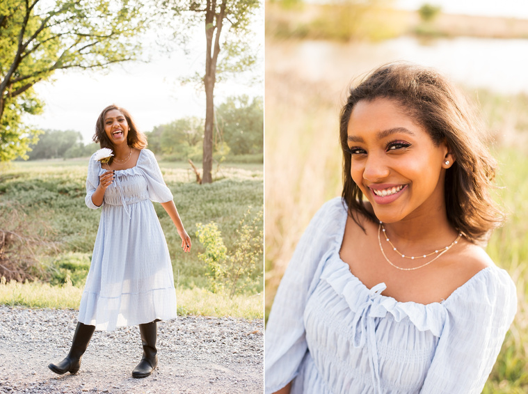 Senior girl poses in a grassy field in Oklahoma for a country photo session