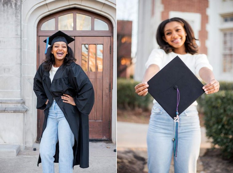 African-American teenage girl poses and laughs in her cap and gown on OU Campus, also holds cap out in front of her at her senior photo shoot in Norman Oklahoma