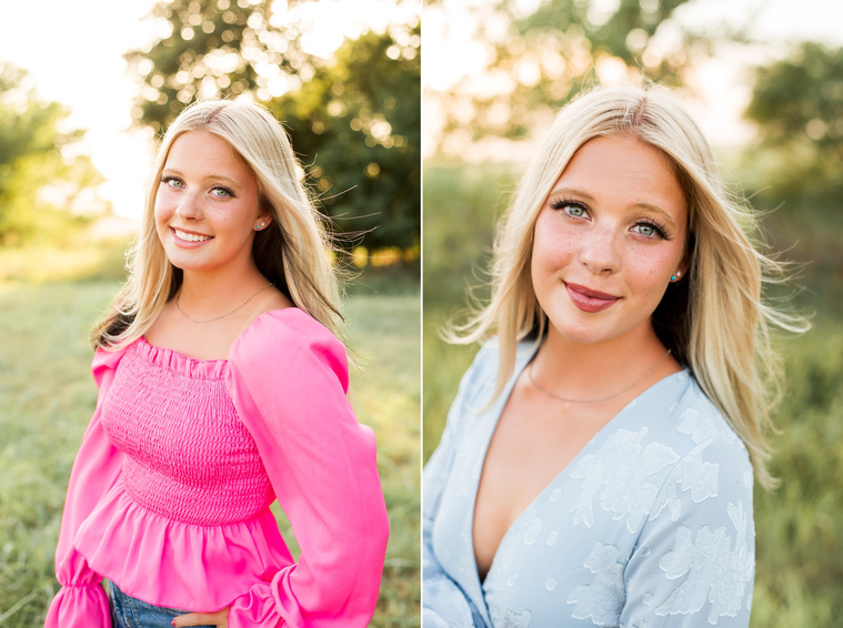 Two images of a High school senior girl smiling in a field in central Oklahoma for her senior photos