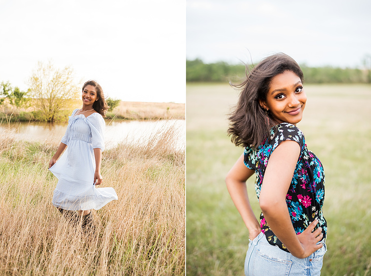 Senior girl poses in a grassy field in Oklahoma for a country photo session