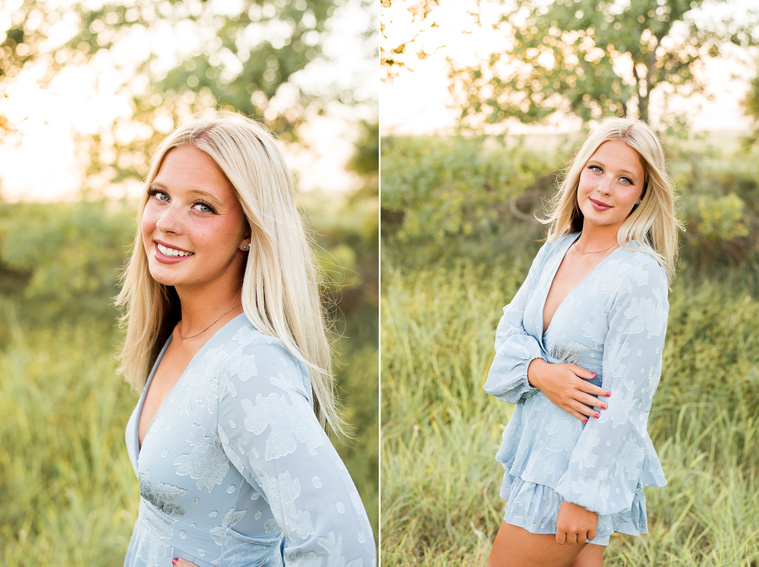 Two images of a high school senior girl smiling in a blue dress in a field in central Oklahoma for her senior photos