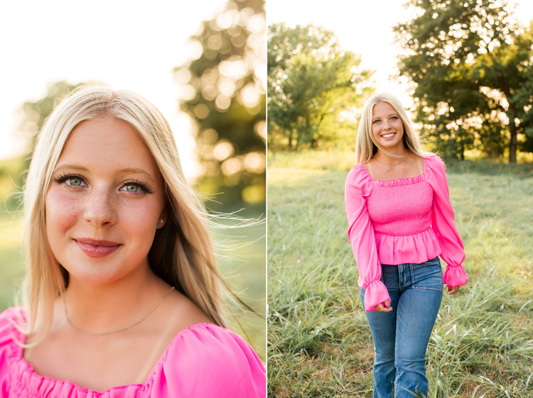 Two images of a High school senior girl posing in a bright pink shirt and jeans in a field in central Oklahoma for her senior photos