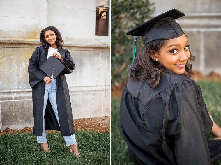 African-American teenage girl in her cap and gown at her senior photo shoot on OU campus in Norman Oklahoma
