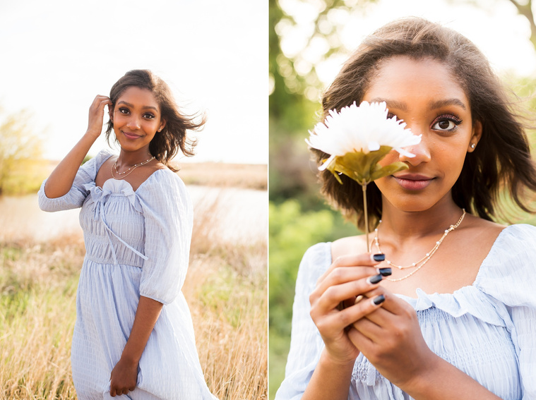 Senior girl poses in a grassy field in Oklahoma for a country photo session
