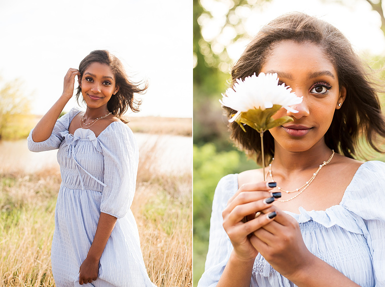Senior girl poses in a grassy field in Oklahoma for a country photo session
