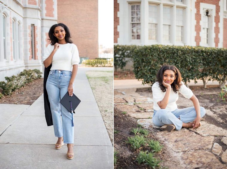 African-American teenage girl photos: standing with gown over her shoulder, cap in hand, sitting in front of OU campus building at her senior photo shoot in Norman Oklahoma