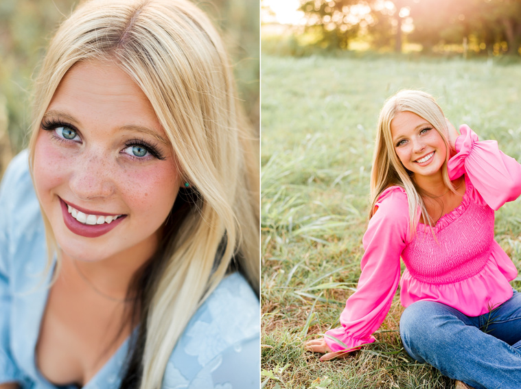 Two images of a High school senior girl smiling in a field in central Oklahoma for her senior photos