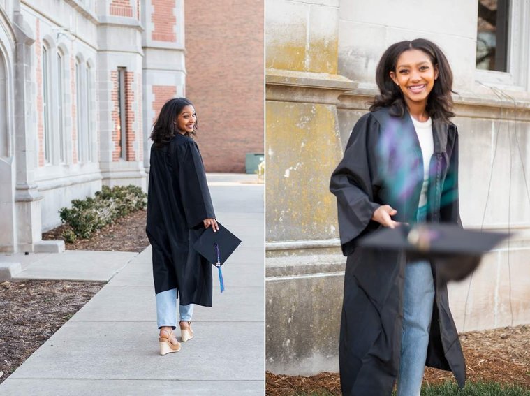 African-American teenage girl walks and looks back in her cap and gown, also tosses cap at camera at her senior photo shoot in Norman Oklahoma