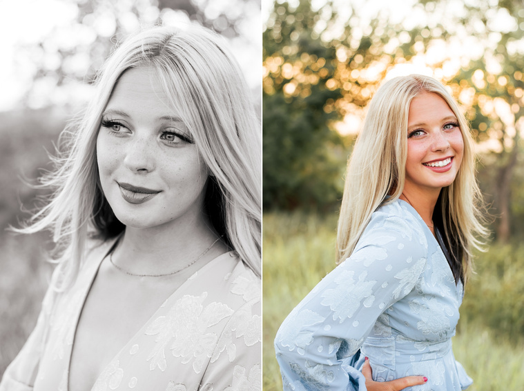 Black and white close up portrait of a High school senior girl looking off camera with a soft smile and another color portrait of her with hand on her waist and smiling in a field in central Oklahoma for her senior photos