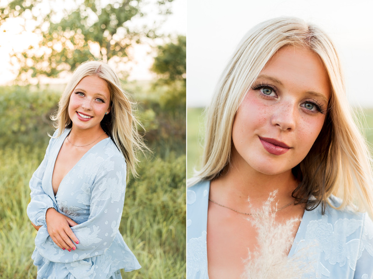 Two images of a High school senior girl in a blue dress smiling in a field in central Oklahoma for her senior photos