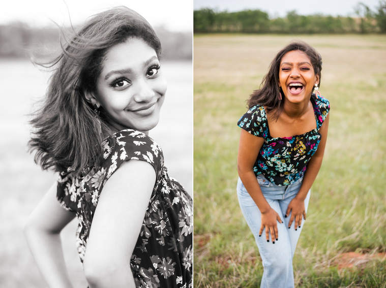 Senior girl poses in a grassy field in Oklahoma for a country photo session