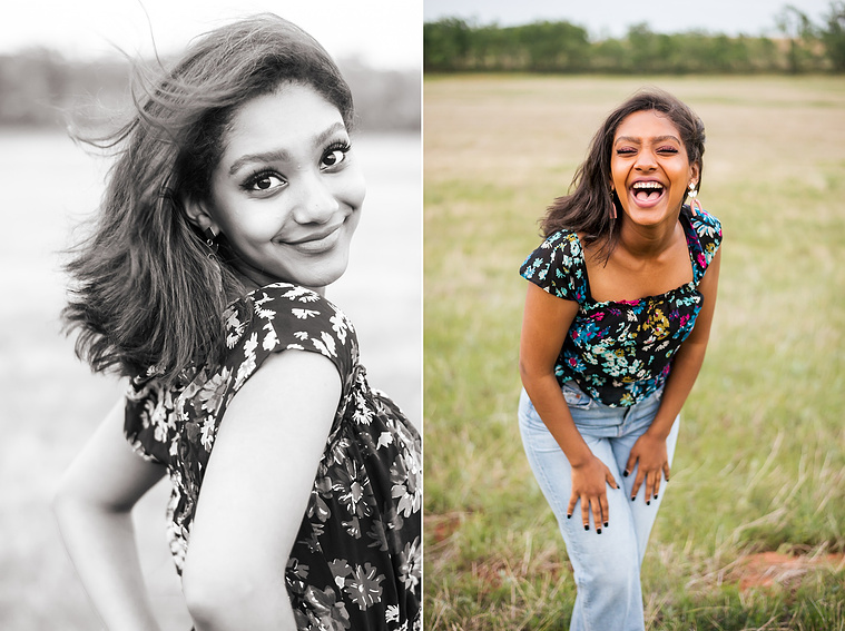 Senior girl poses in a grassy field in Oklahoma for a country photo session