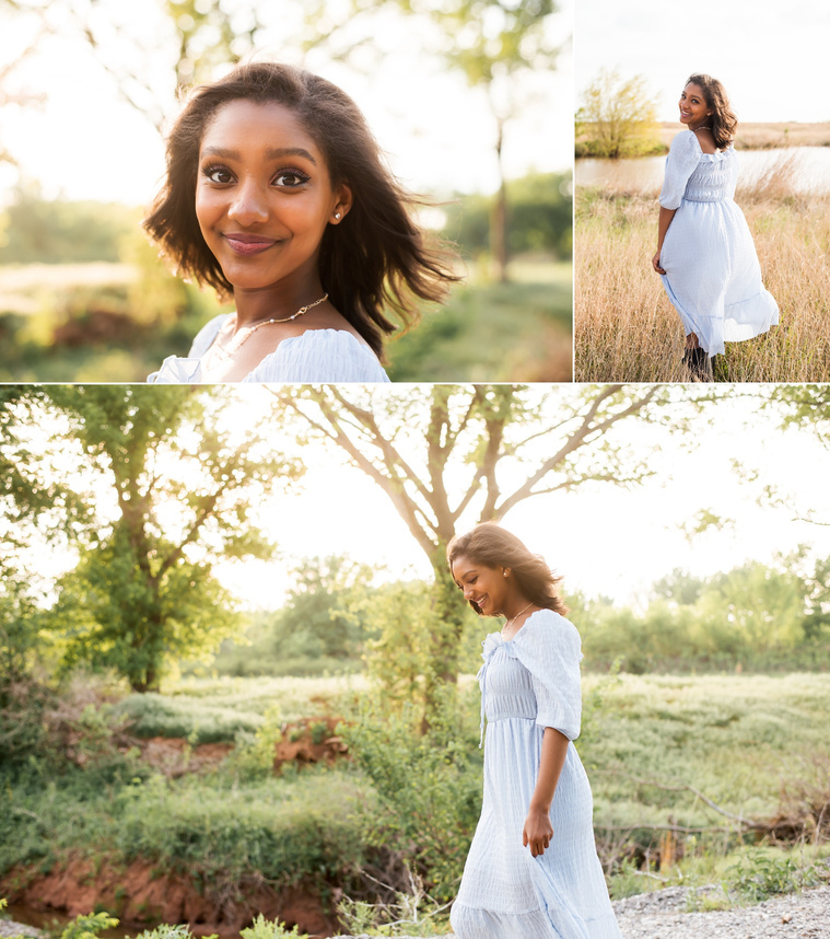 Senior girl poses in a golden field and by a creek in Oklahoma for a country photo session