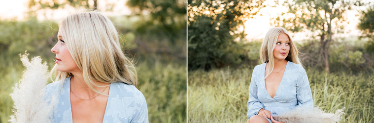 Two images of a high school senior girl sitting and holding a frond of pampas grass in a field in central Oklahoma for her senior photos