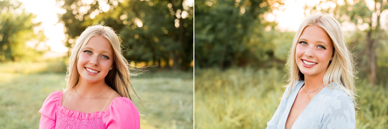 Two images of a High school senior girl smiling in a field in central Oklahoma for her senior photos