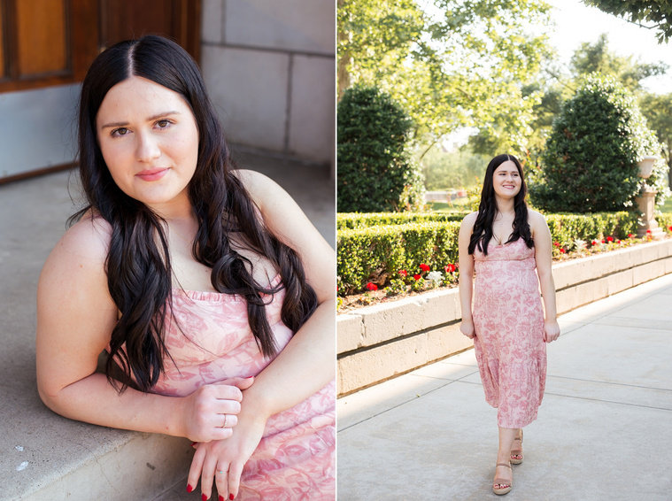 two images of a college senior girl wearing a light pink floral sundress. One she is sitting on steps, the other she is walking along a sidewalk around Evans Hall on the Parrington Oval on OU campus in Norman