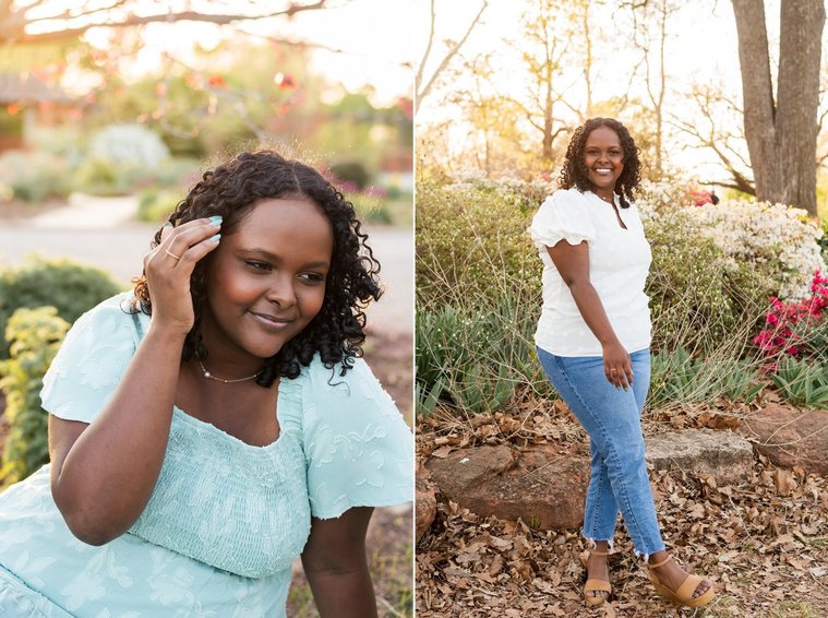 two photos of a senior girl, one posing in a dress smiling softly, the other standing among the flowers and trees of Will Rogers Gardens in OKC smiling playfully wearing jeans a white top