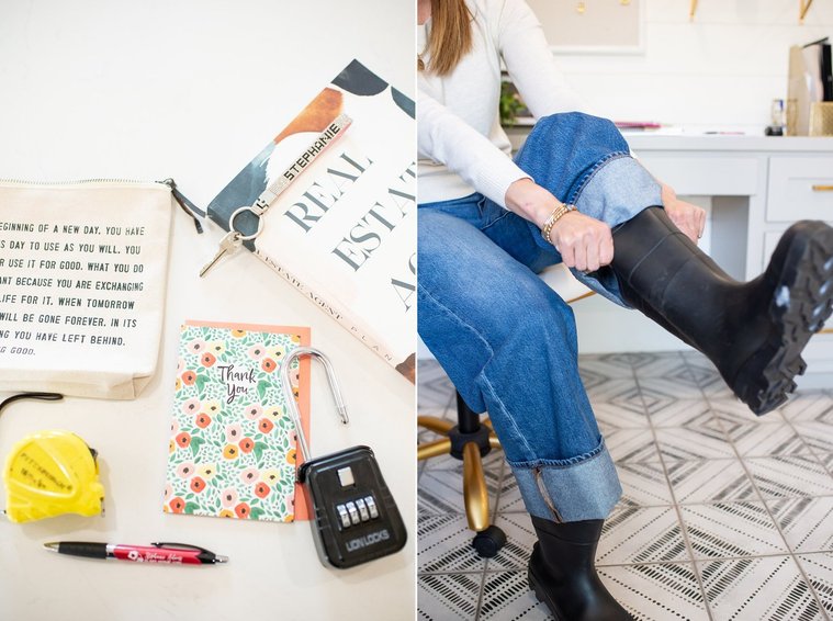 Brand photo shoot of realtor in OKC. Detail photo of objects used: tape measure, planner, door lock. Photo of her putting on rubber boots to show the outside property.