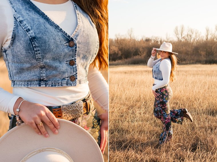 high school senior girl with long brown hair wearing cowboy boots, Wranglers, a denim vest and western hat smiles over her shoulder kicking up her heel in a field of golden grass in the country near OKC, second close up photo of western outfit elements