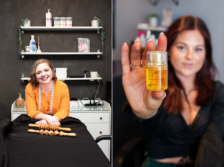 one image of a woman in a yellow shirt with body sculpting tools around her, anther image of a hair stylist in a black shirt out of of focus holding a hair product close to camera in focus at a branding session at Vibe Beauty Bar in Tuttle, Oklahoma