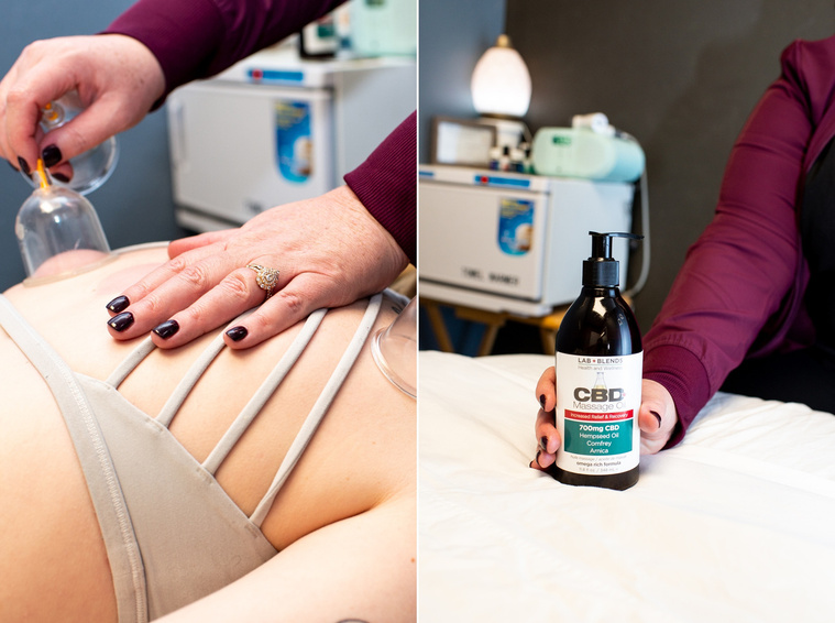 two side by side images of close ups of a massage therapist doing cupping and holding her massage oil at a branding session at Vibe Beauty Bar in Tuttle, Oklahoma