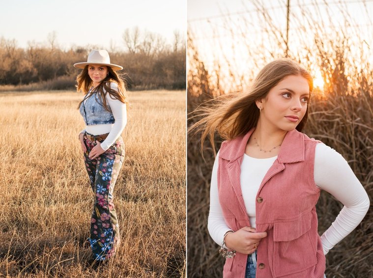 high school senior girl with long brown hair wearing cowboy boots, Wranglers, a denim vest and western hat poses seriously with hands in belt loops standing in a field of golden grass in the country near OKC, second photo in front of tall grass and sunset