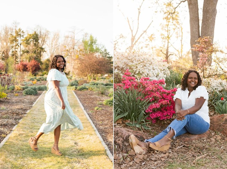 two photos of a senior girl twirling and sitting among the flowers and trees of Will Rogers Gardens in OKC