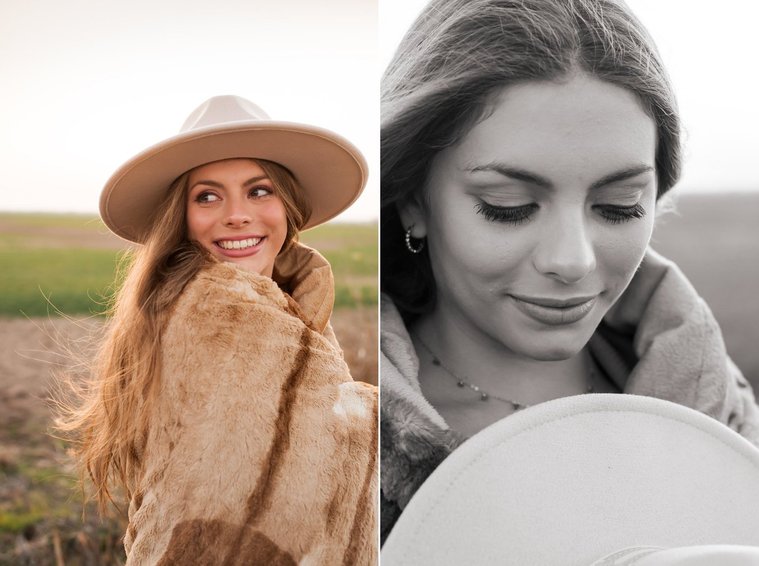 two photos of a high school senior girl with long brown hair wearing a western hat wrapped in a brown blanket smiling over her shoulder and looking down at her hat while she stands in a field near OKC with the sunset behind her