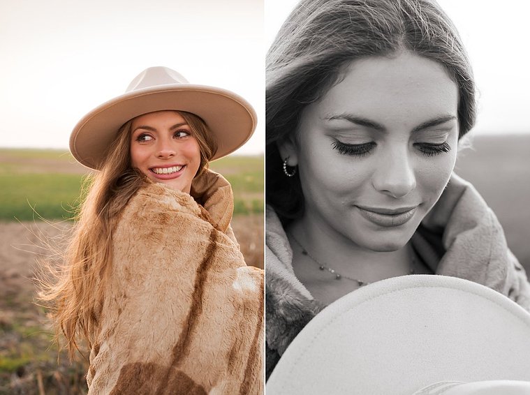 two photos of a high school senior girl with long brown hair wearing a western hat wrapped in a brown blanket smiling over her shoulder and looking down at her hat while she stands in a field near OKC with the sunset behind her