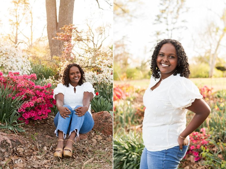 two photos of a senior girl wearing jeans and a white shirt sitting and standing among the flowers and trees of Will Rogers Gardens in OKC
