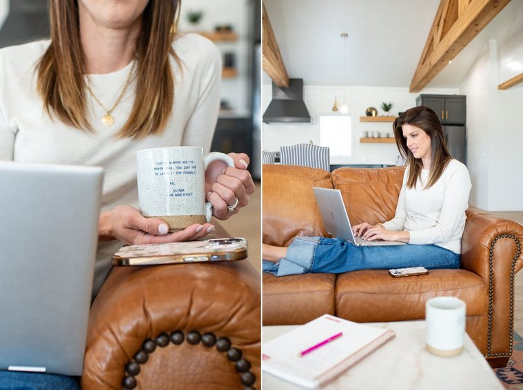 Brand photo shoot of realtor in OKC. She sits on the couch working on laptop with legs up. Close up shot of her coffee mug and phone as she works from home
