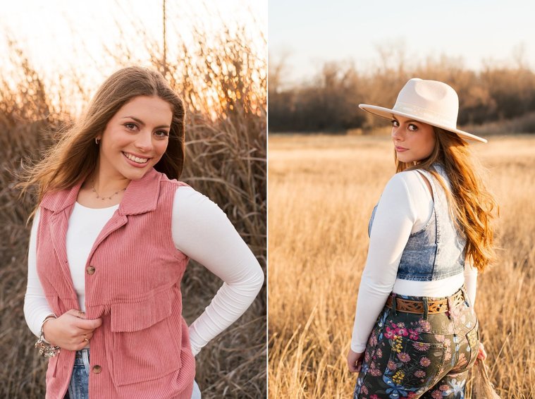 two photos of a pretty senior girl. one she smiles cutely, the other she looks over her shoulder seriously. Both taken in country fields in Oklahoma with a western vibe.