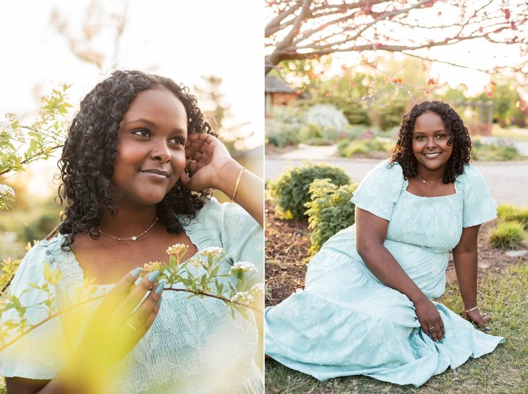 two photos of a senior girl wearing a dress sitting among the flowers and trees of Will Rogers Gardens in OKC