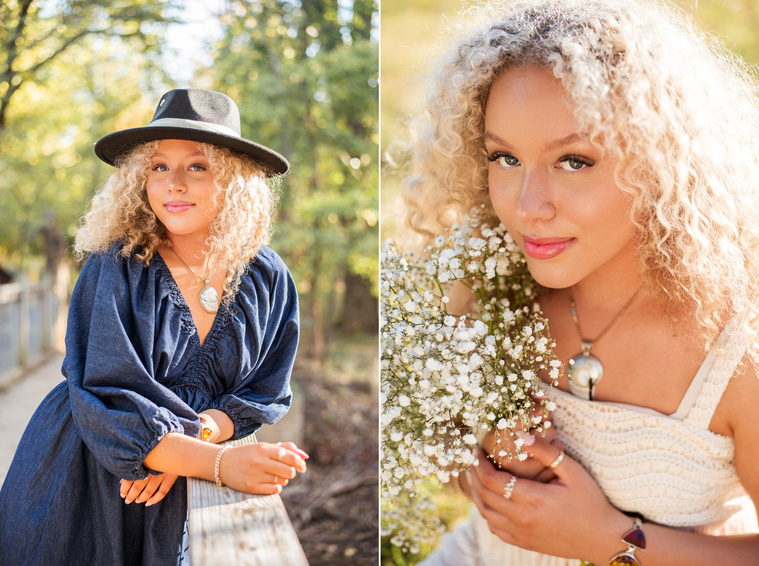 close up portrait of a high school senior girl with blonde curly hair and blue eyes holding a bouquet of baby's breath and smiling softly at Martin Nature Park in Oklahoma City and a portrait of her leaning on a bridge wearing a blue dress and black hat