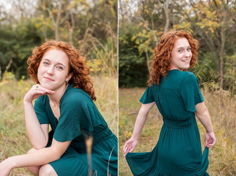 two photos of a senior girl with red hair wearing teal dress posing and smiling prettily in a field with gold grass and fall trees behind her at Sutton Park in Norman, Oklahoma