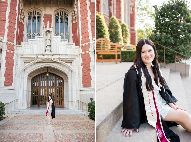 two images of a college senior girl wearing black gown and stole sits on steps in front of Evans Hall and stands in front of Bizzell Library on the OU campus in Norman 