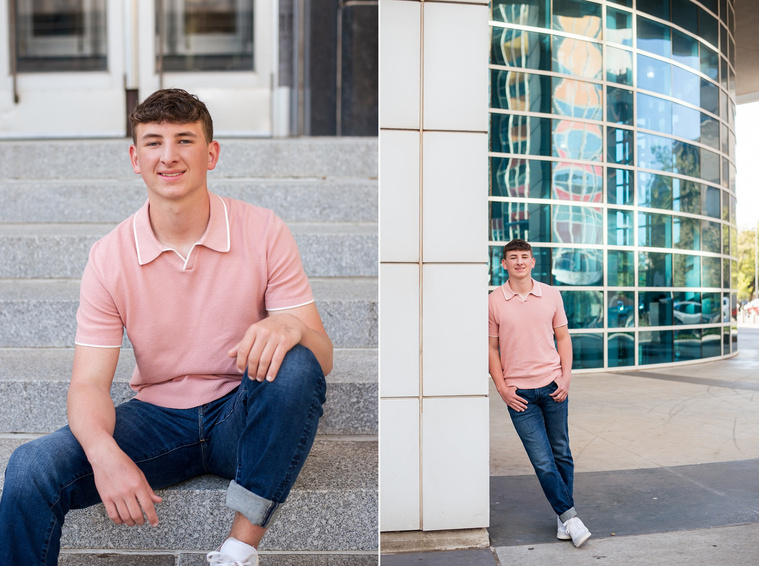 two senior boy portraits taken in downtown Oklahoma City. He is wearing a peach polo top and blue jeans. One he sits on steps and smiles. The other he leans against a pillar with reflective windows behind him.