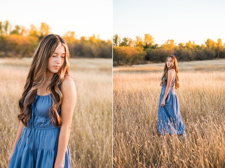 two images of a senior girl with long brown hair wearing a blue sundress standing among tall grass with trees behind her smiling softly in a country field in the fall near Oklahoma City