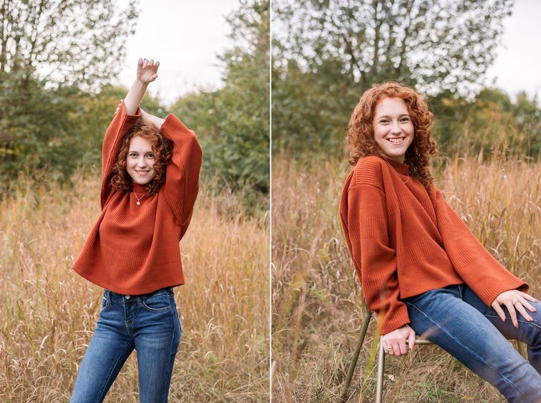 two photos of a senior girl with red hair wearing an orange sweater and jeans standing and sitting on a stool in a field with gold grass and fall trees behind her at Sutton Park in Norman, Oklahoma
