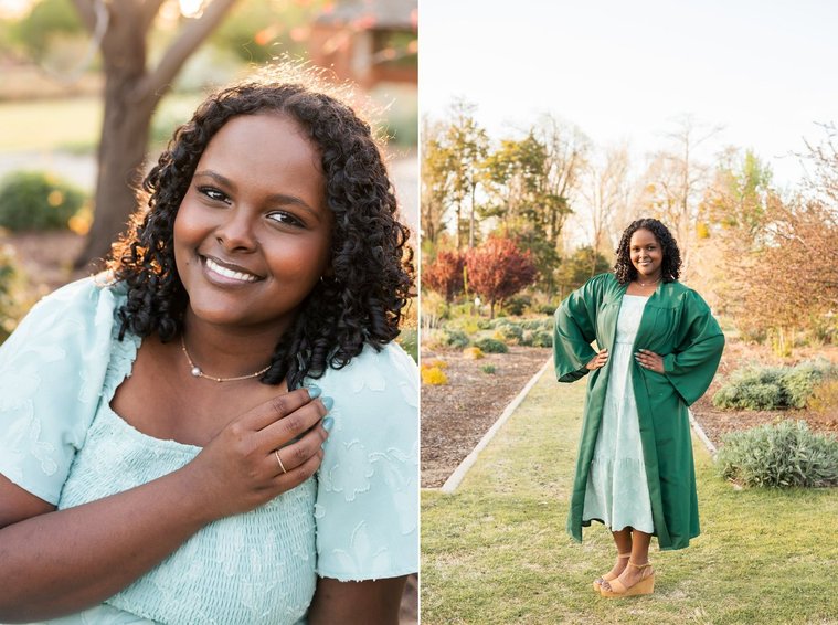 two photos of a senior girl, one close up and the other a full length wearing her green graduation gown standing among the flowers and trees of Will Rogers Gardens in OKC