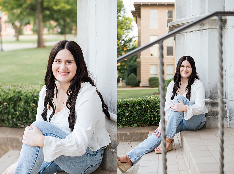 two images of a college senior girl with dark hair wearing a white blouse and jeans sitting on the steps of the Chemistry building and smiling on the Parrington Oval on OU campus in Norman